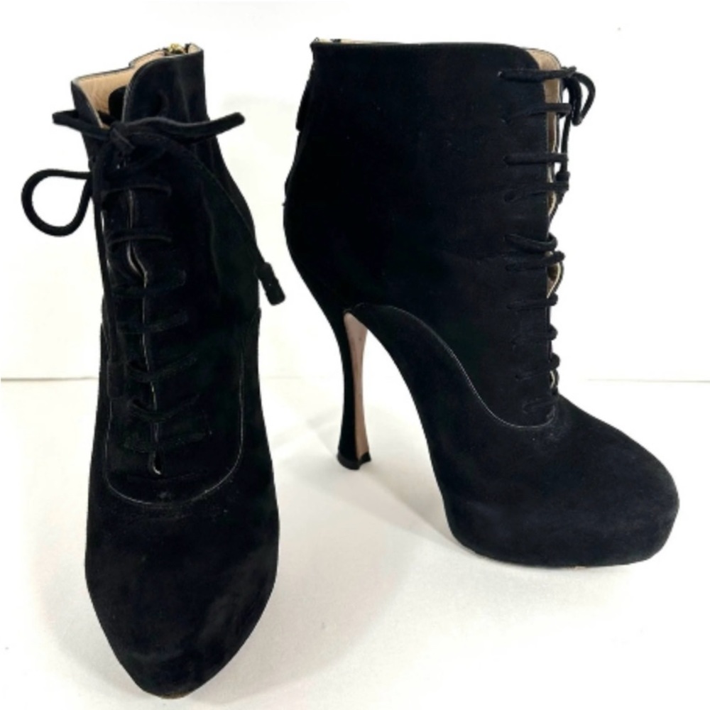 PRADA Black Suede Genuine Leather Lace Up Ultra High Heel Platform Ankle Boots